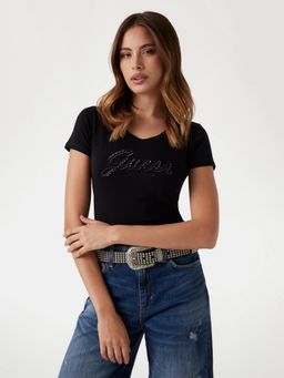 Guess - Women Black Brand Logo Round Neck Short Sleeves T-Shirt