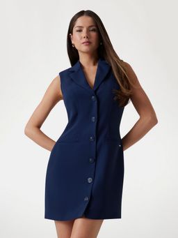 Guess - Women Navy Blue Solid Notch Collar Sleeveless Bodycon Dress