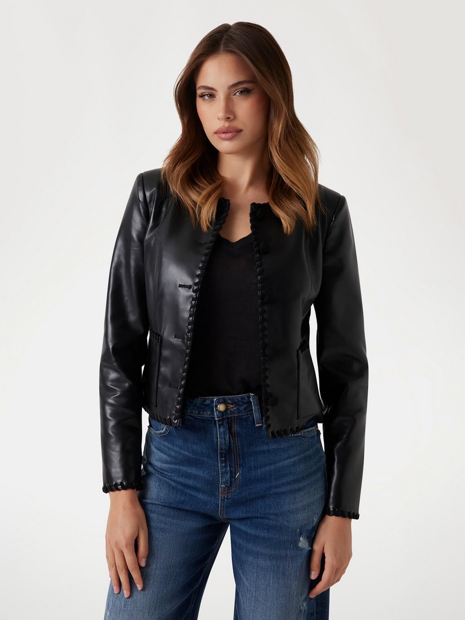 guess Women Black Solid Collarless Long Sleeves Jacket-picture-29