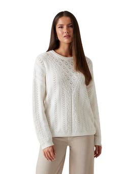 Guess - Women White Cable Knitted Round Neck Long Sleeves Pullover