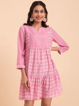 Pink Fort - Floral And Check Muslin Tiered Dress - Pink