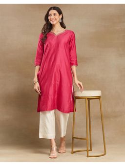 Fabindia - Women Magenta Cotton Silk Solid Straight Kurta