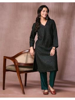 Fabindia - Women Black Wool Geometric Straight Kurta