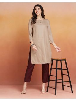 Fabindia - Women Beige Wool Embroidered Straight Kurta