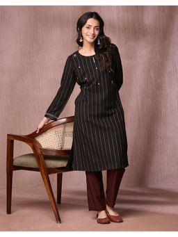 Fabindia - Women Black Wool Stripes Straight Kurta