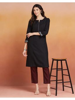 Fabindia - Women Black Wool Woven Straight Kurta