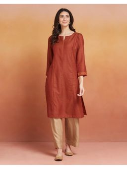 Fabindia - Women Rust Wool Woven Straight Kurta