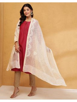 Fabindia - Off White Thread Work Cotton Silk Dupatta