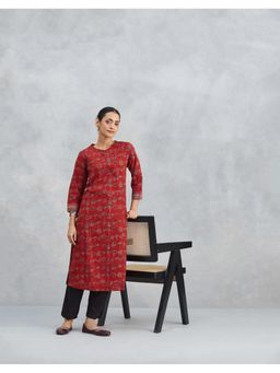 Fabindia - Women Maroon Cotton Abstract Straight Kurta