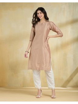 Fabindia - Women Beige Cotton Silk Embroidered Straight Kurta