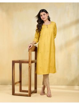 Fabindia - Women Yellow Viscose Blend Embroidered Straight Kurta