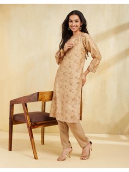 Fabindia - Women Beige Cotton Silk Floral Straight Kurta