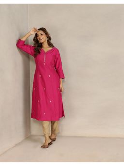 Fabindia - Women Pink Cotton Silk Embroidered Straight Kurta