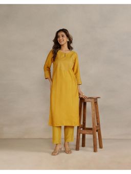 Fabindia - Women Mustard Viscose Blend Embroidered Straight Kurta