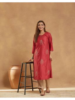 Fabindia - Women Maroon Cotton Silk Embroidered Straight Kurta