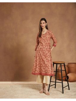 Fabindia - Women Maroon Cotton Floral Flared Kurta