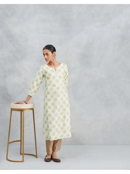 Fabindia - Women Green Cotton Silk Geometric Straight Kurta