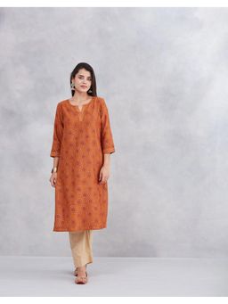 Fabindia - Women Orange Cotton Silk Geometric Straight Kurta