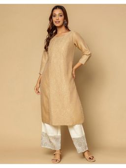 Fabindia - Women Beige Cotton Silk Embroidered Straight Kurta