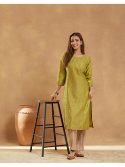 Fabindia - Women Green Cotton Silk Embroidered Straight Kurta