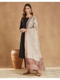 Fabindia - Beige Block Print Silk Dupatta