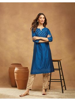Fabindia - Women Navy Blue Cotton Silk Embroidered Straight Kurta