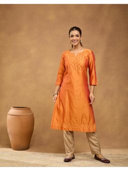 Fabindia - Women Rust Cotton Silk Embroidered Straight Kurta