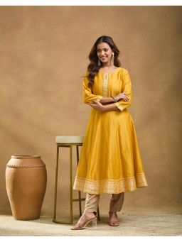 Fabindia - Women Yellow Cotton Silk Embroidered Flared Kurta