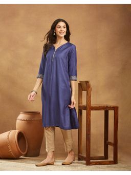 Fabindia - Women Navy Blue Viscose Blend Embroidered Straight Kurta