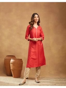Fabindia - Women Red Viscose Blend Embroidered Straight Kurta