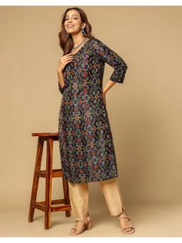 Fabindia - Women Black Silk Woven Straight Kurta