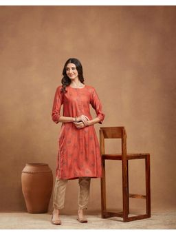Fabindia - Women Rust Viscose Blend Geometric Straight Kurta