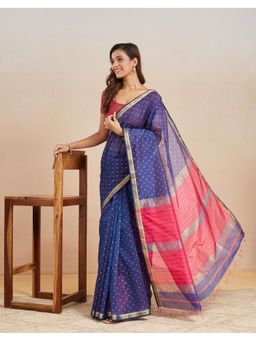 Fabindia - Purple Cotton Silk Blend Hand Block Print Saree with Unstitched Blouse