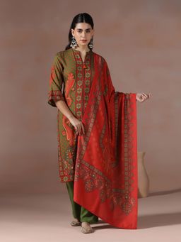 Shree - Women Liva Olive Paisley Print Kurta with Pant and Dupatta