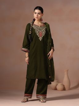 Shree - Women Velvet Green Embroidered Kurta with Pant and Dupatta