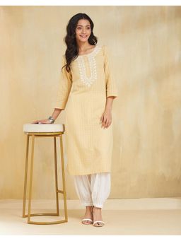 Fabindia - Women Yellow Cotton Embroidered Straight Kurta