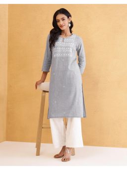 Fabindia - Women Grey Cotton Embroidered Straight Kurta