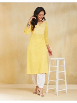 Fabindia - Women Yellow Cotton Embroidered Straight Kurta