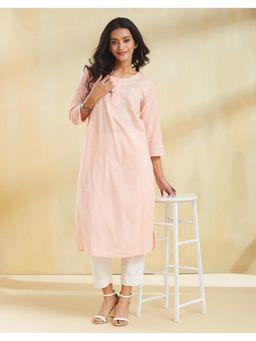 Fabindia - Women Peach Cotton Embroidered Straight Kurta