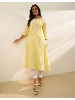 Fabindia - Women Yellow Cotton Embroidered Flared Kurta