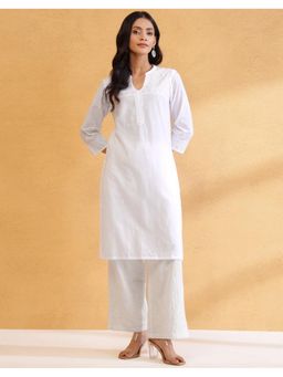 Fabindia - Women White Cotton Embroidered Straight Kurta