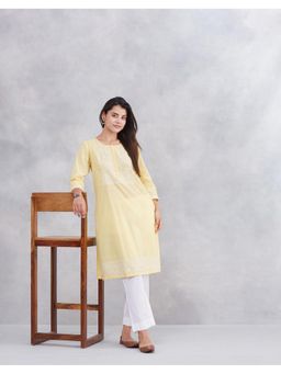 Fabindia - Women Yellow Cotton Embroidered Straight Kurta