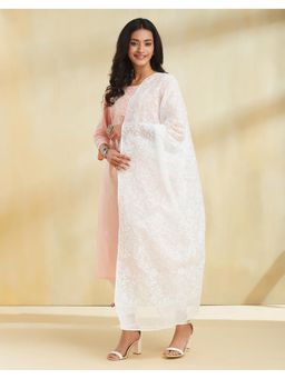 Fabindia - Women White Thread Work Cotton Silk Dupatta