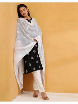 Fabindia - White Embroidered Cotton Silk Dupatta