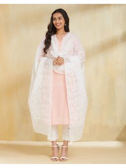 Fabindia - Embroidered White Cotton Silk Dupatta