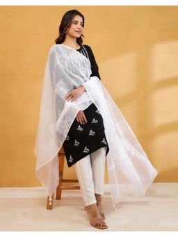 Fabindia - Women White Embroidered Cotton Silk Dupatta