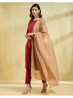 Fabindia - Women Beige Thread Work Cotton Silk Dupatta