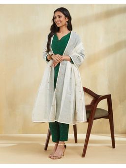 Fabindia - Beige Embroidered Cotton Silk Dupatta