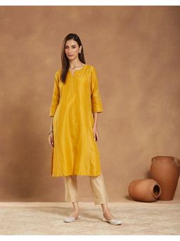 Fabindia - Women Yellow Cotton Silk Embroidered Straight Kurta