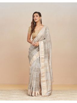 Fabindia - Grey Silk Blend Hand Block Print Saree with Unstitched Blouse